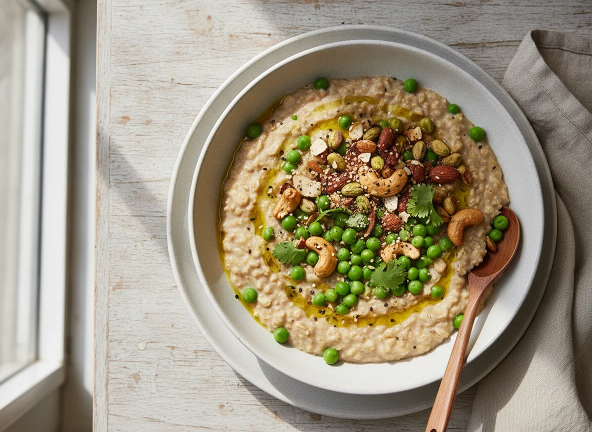 Oatmeal with peas and nuts photo