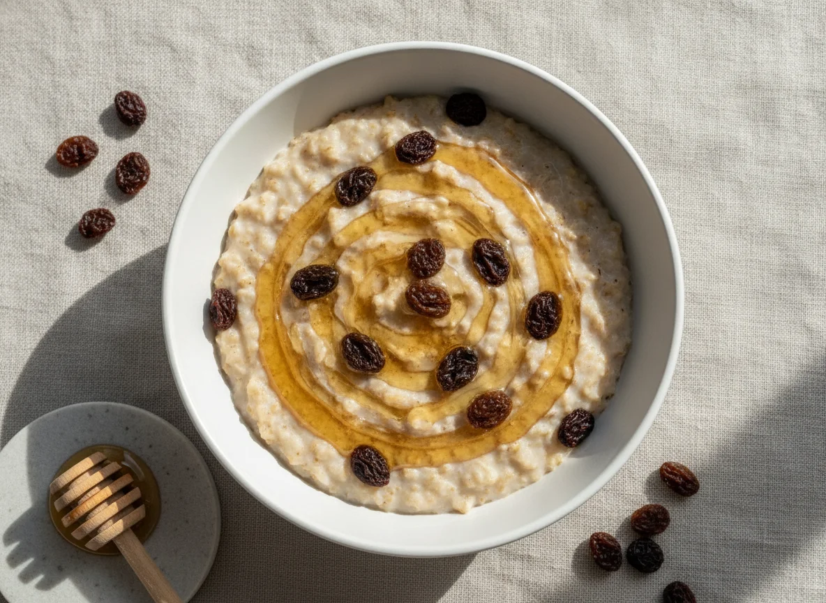 Oatmeal with raisins and honey photo