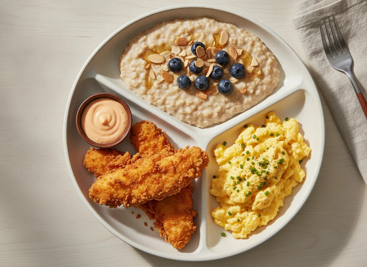 Oatmeal with Scrambled Eggs and Fried Chicken Strips photo