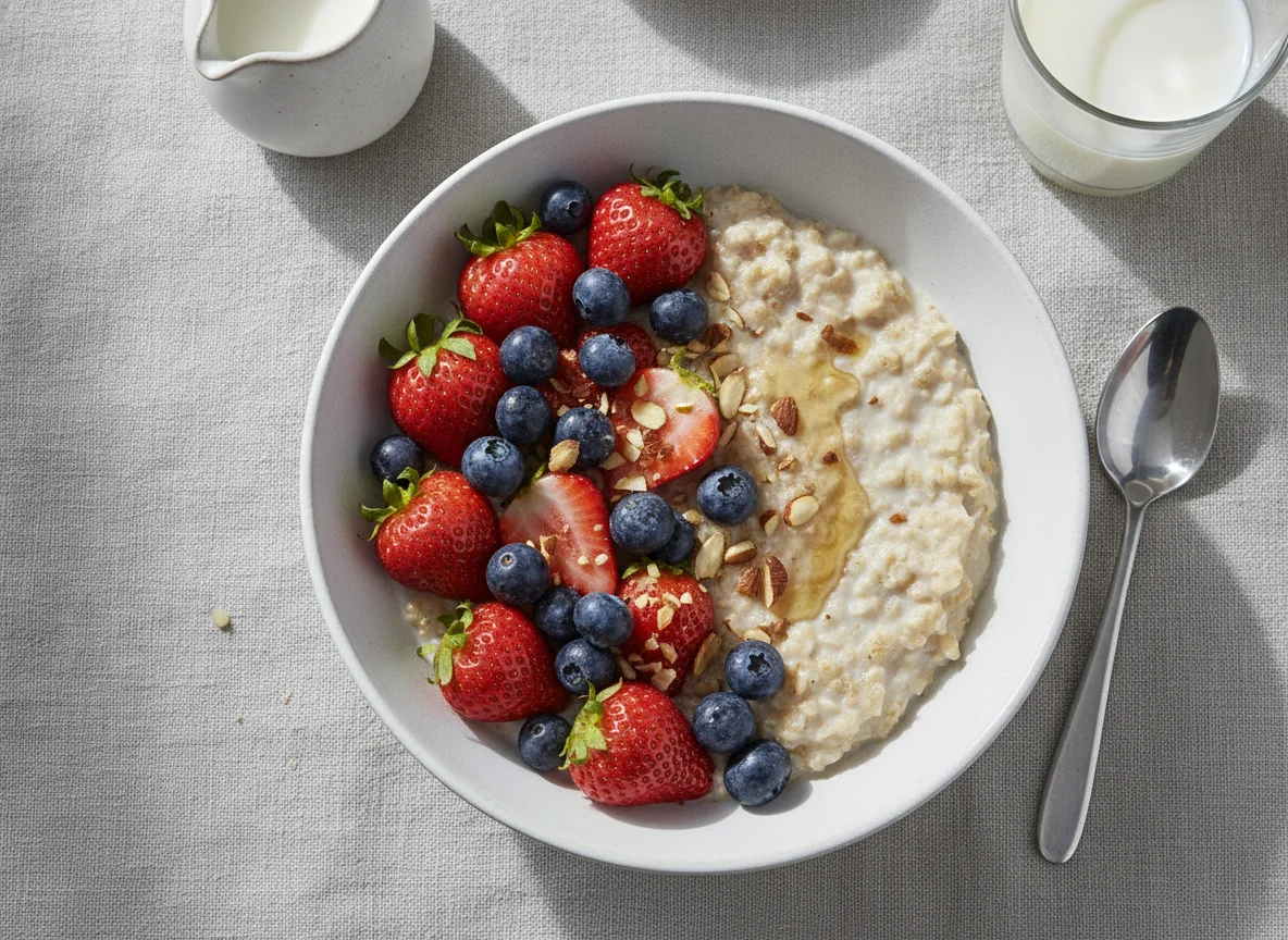 Oatmeal with strawberries and blueberries photo