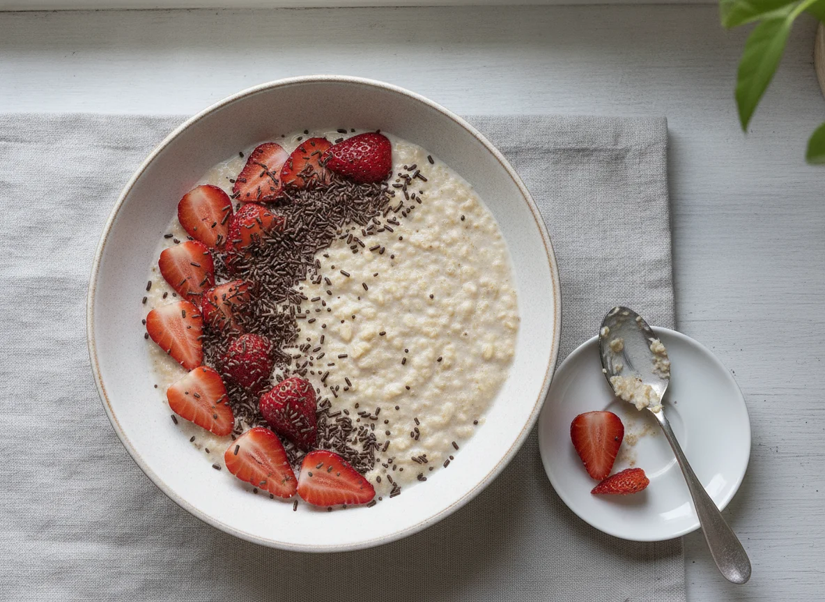 Oatmeal with strawberries and chocolate sprinkles photo