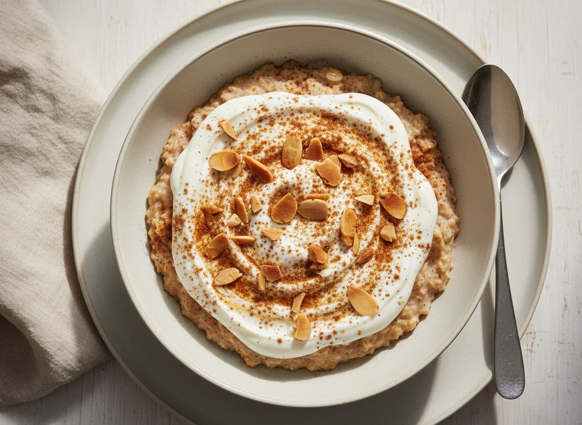Oatmeal with yogurt, almonds, and cinnamon photo