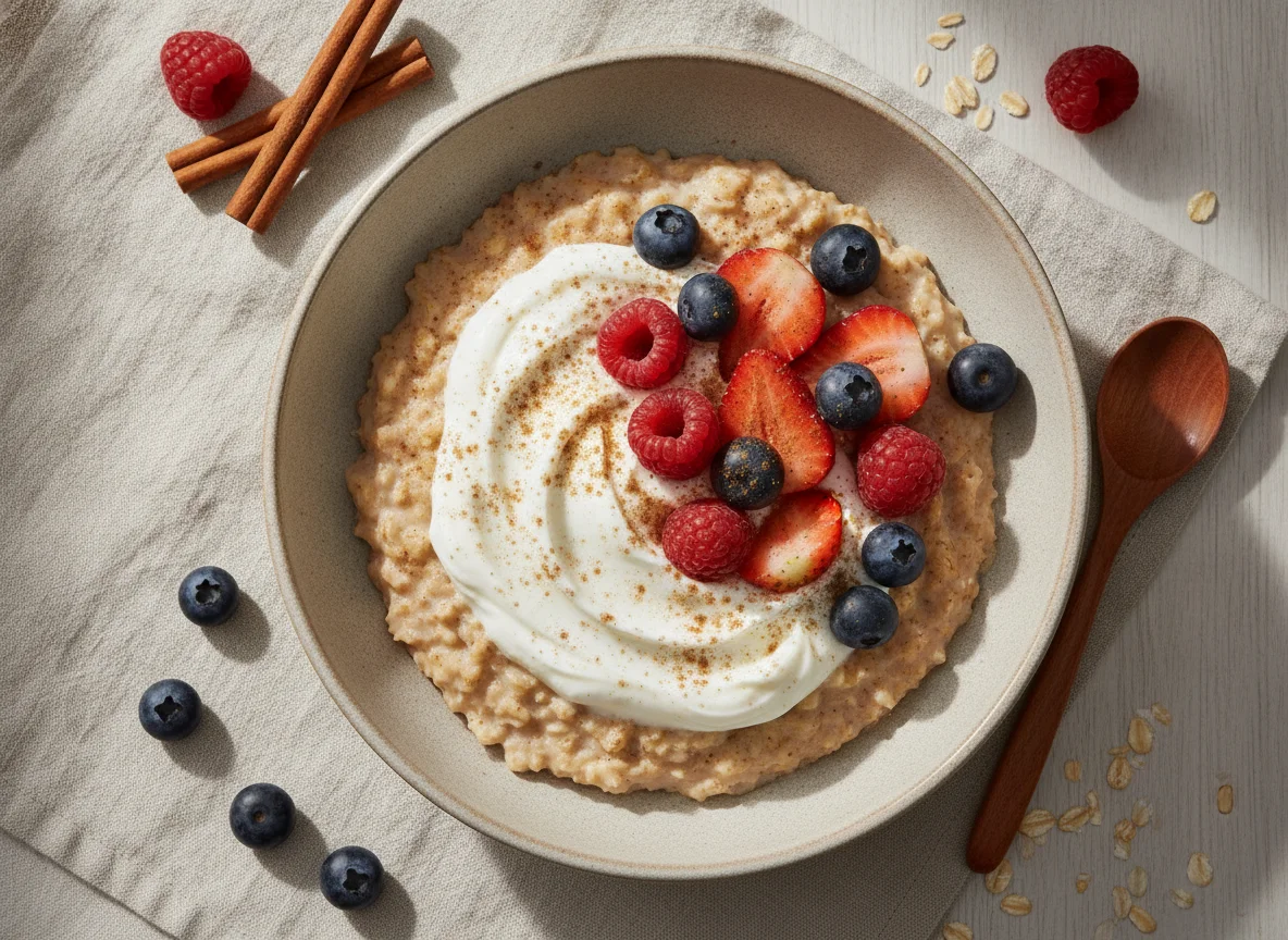 Oatmeal with yogurt and berries photo