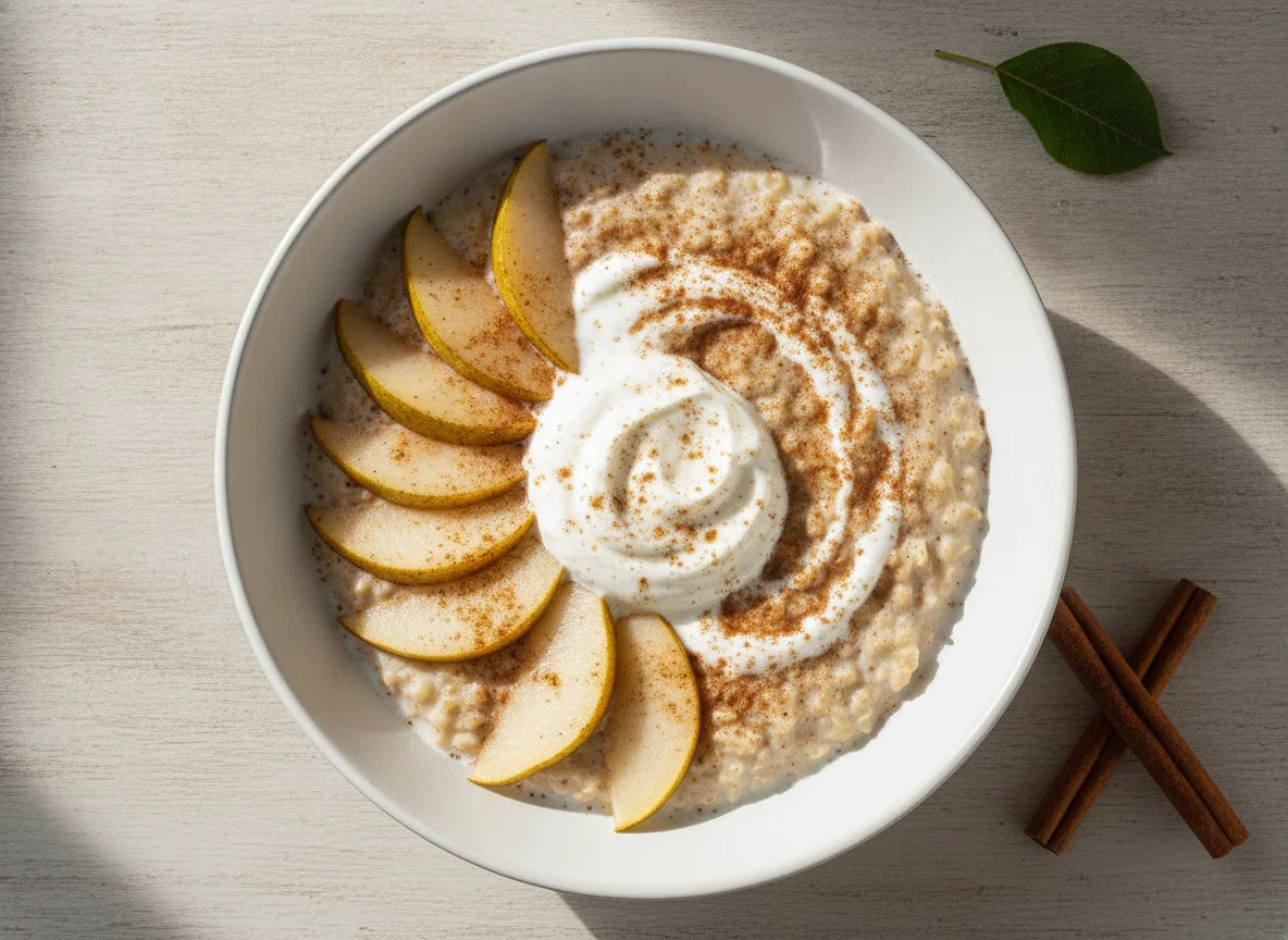 Oatmeal with yogurt and pear photo