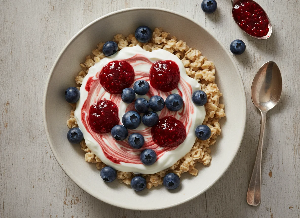 Oatmeal with Yogurt, Blueberries and Jam photo