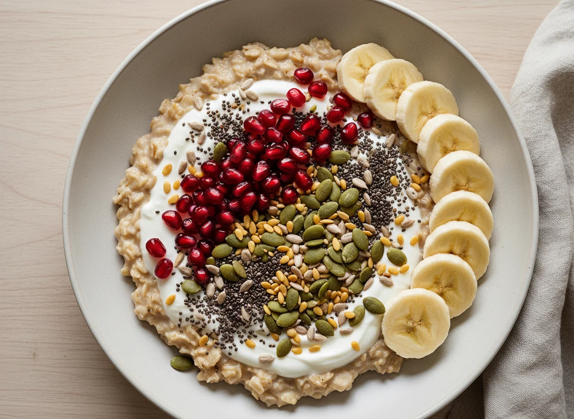 Oatmeal with Yogurt, Fruits, and Seeds photo