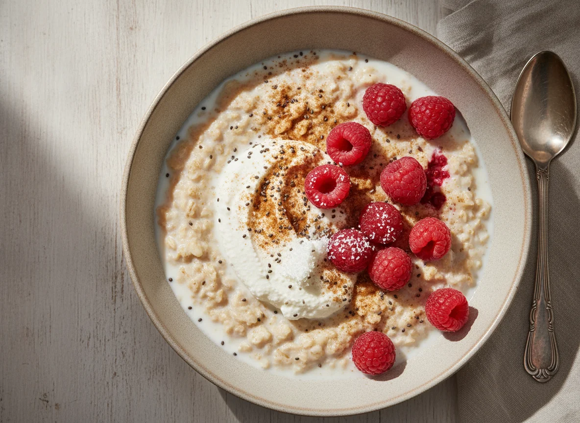 Oats with coconut milk, raspberries, and quark photo