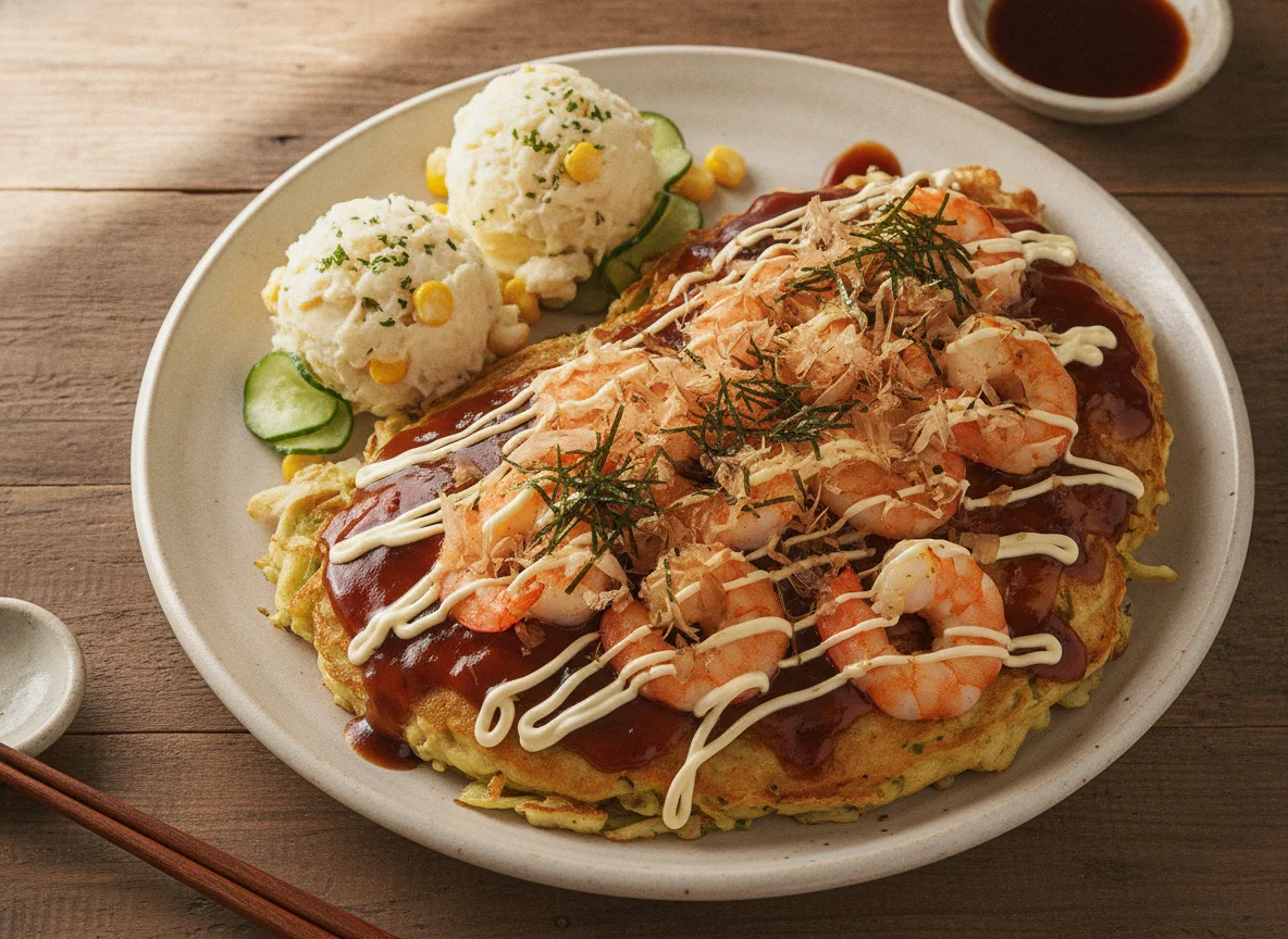 Okonomiyaki with Shrimp and Potato Salad photo