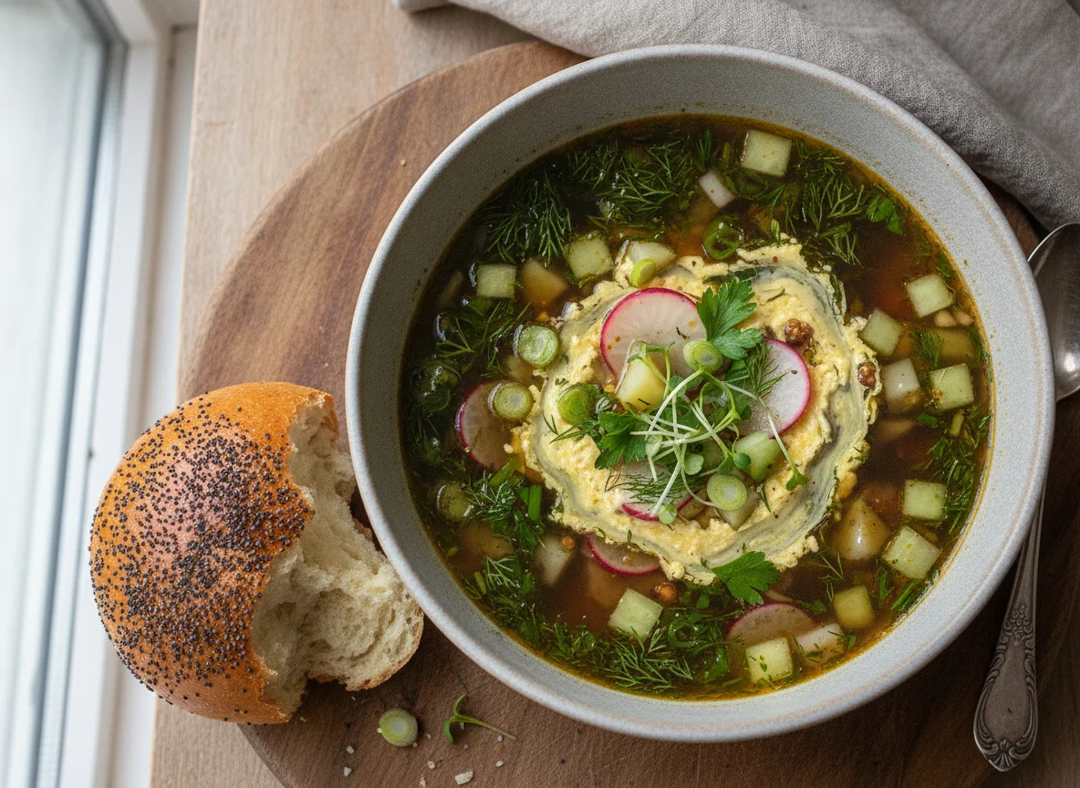 Okroshka with Kvass and Poppy Seed Bun photo
