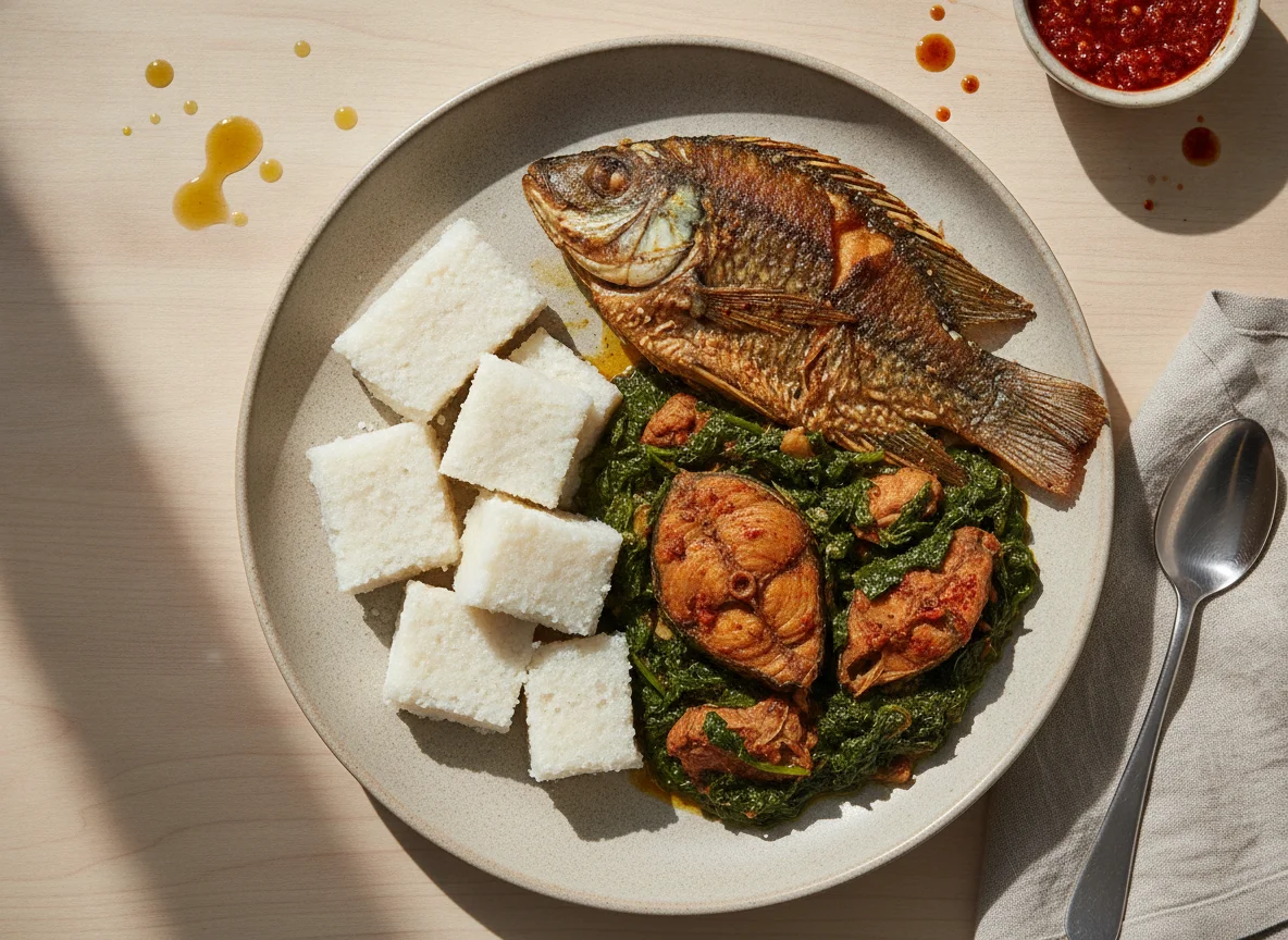 Oloye Fermented Corn Flour with Efo Riro and Fish photo