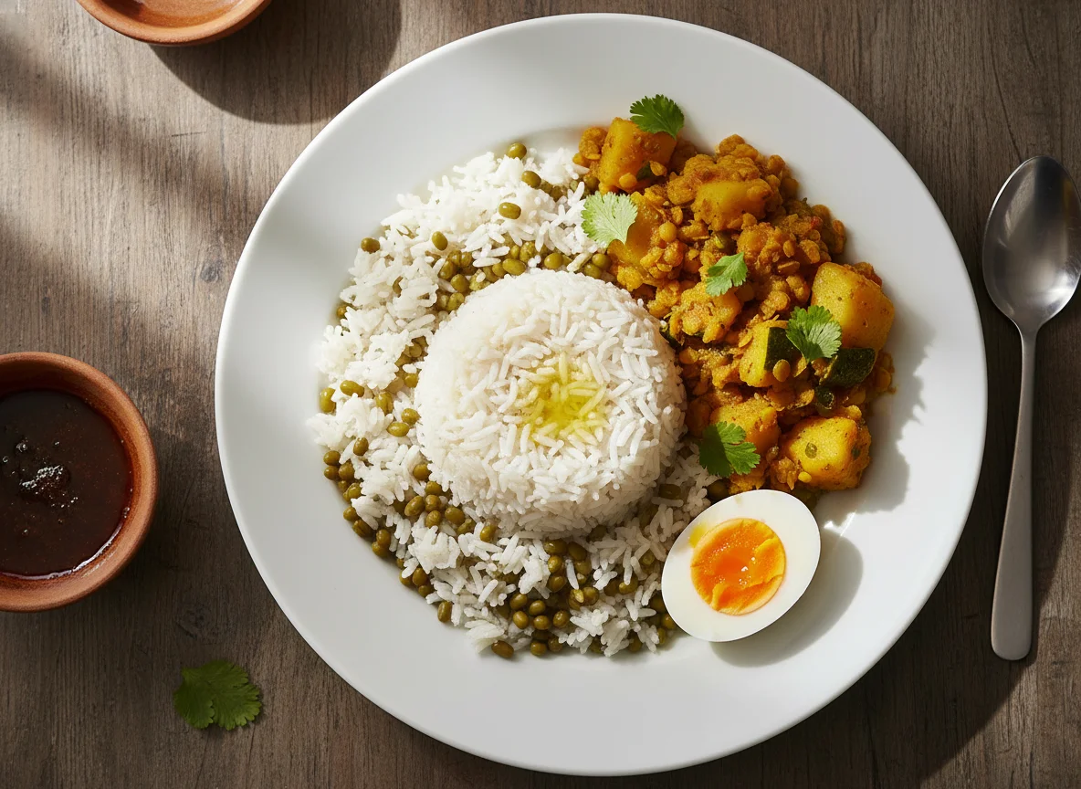 Omani style meal with rice, lentils, and egg photo