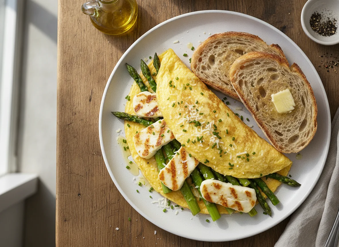 Omelet with asparagus and halloumi cheese photo
