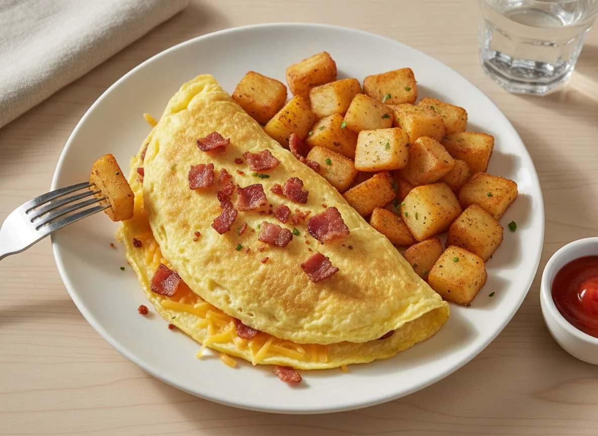 Omelet with Bacon Bits and Home Fries photo
