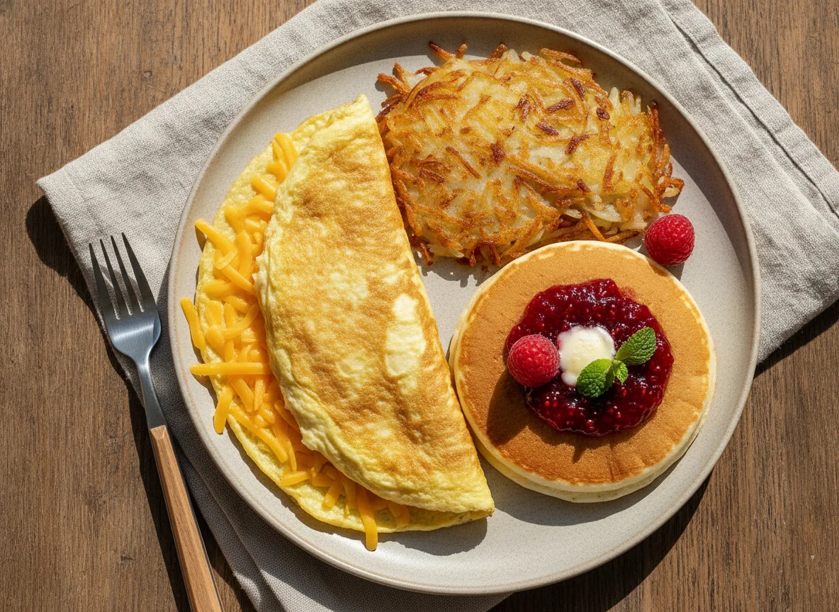 Omelet with Hash Browns and Pancake photo