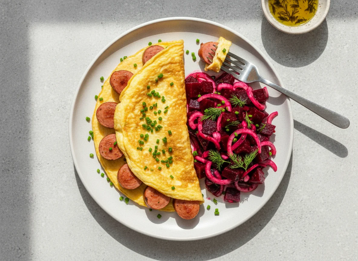 Omelet with hot dogs and beet salad photo