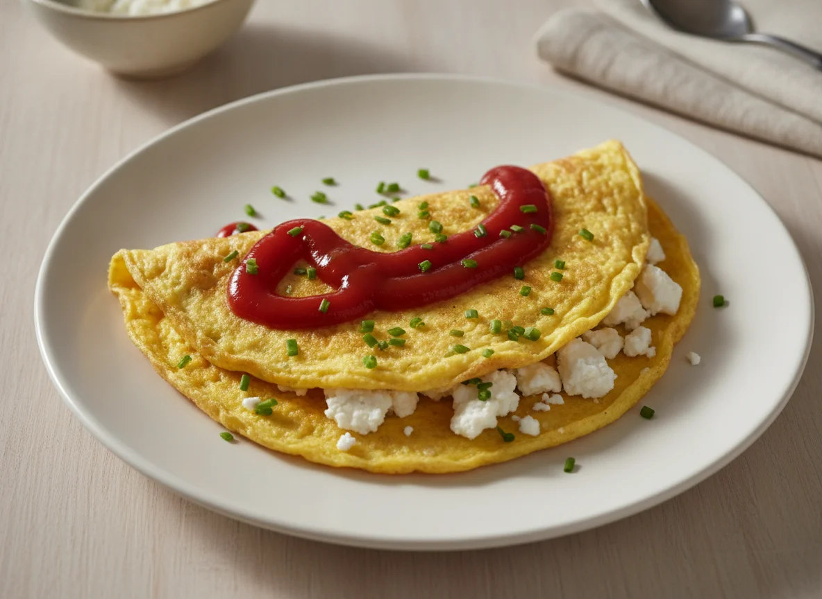 Omelet with Ketchup and Feta Cheese photo