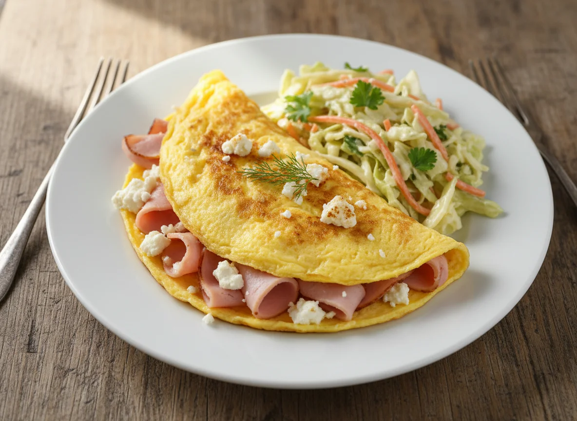 Omelet with Turkey Ham, Feta Cheese, and Coleslaw photo