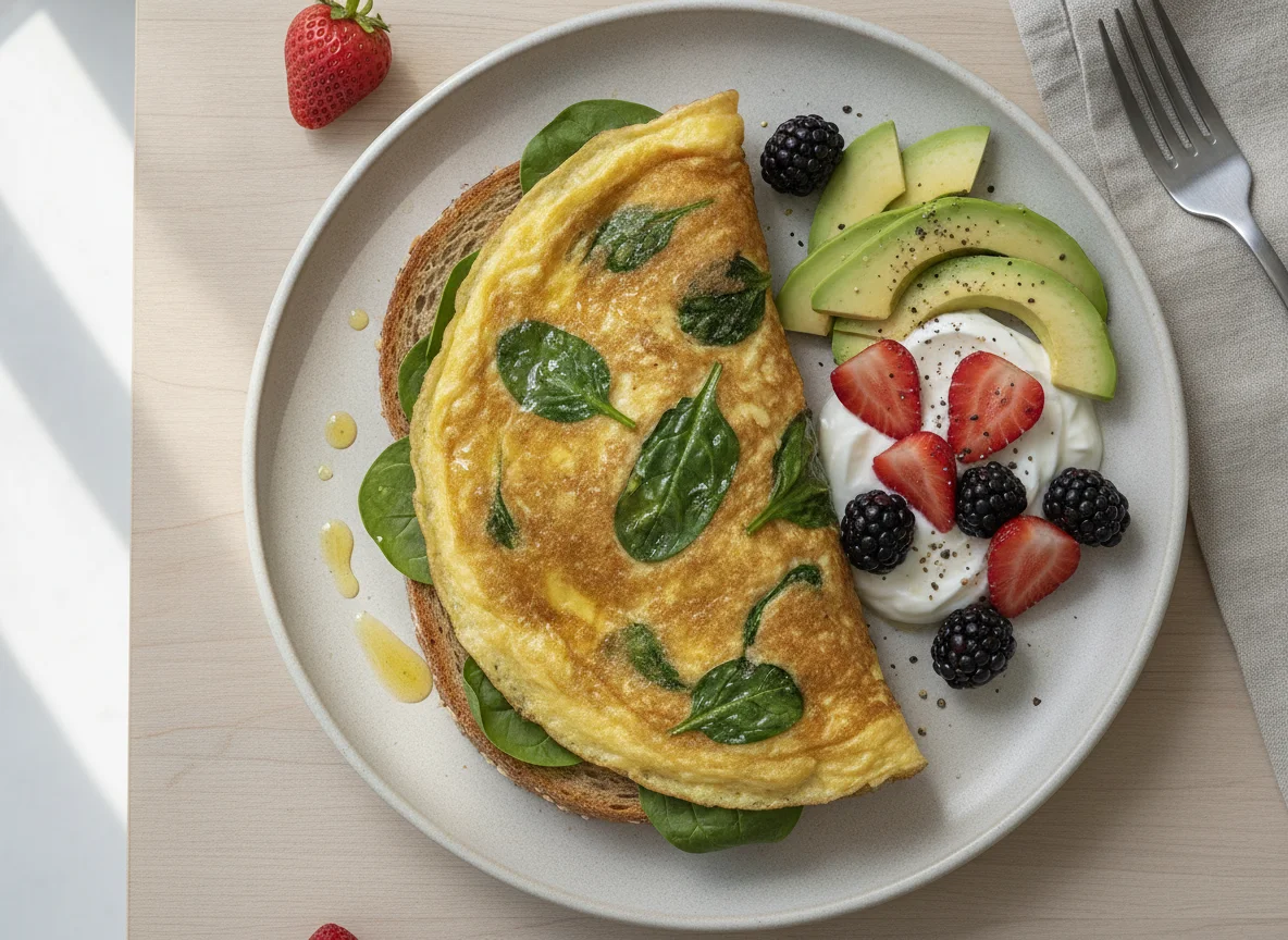 Omelette on Toast with Berries, Yogurt and Avocado photo
