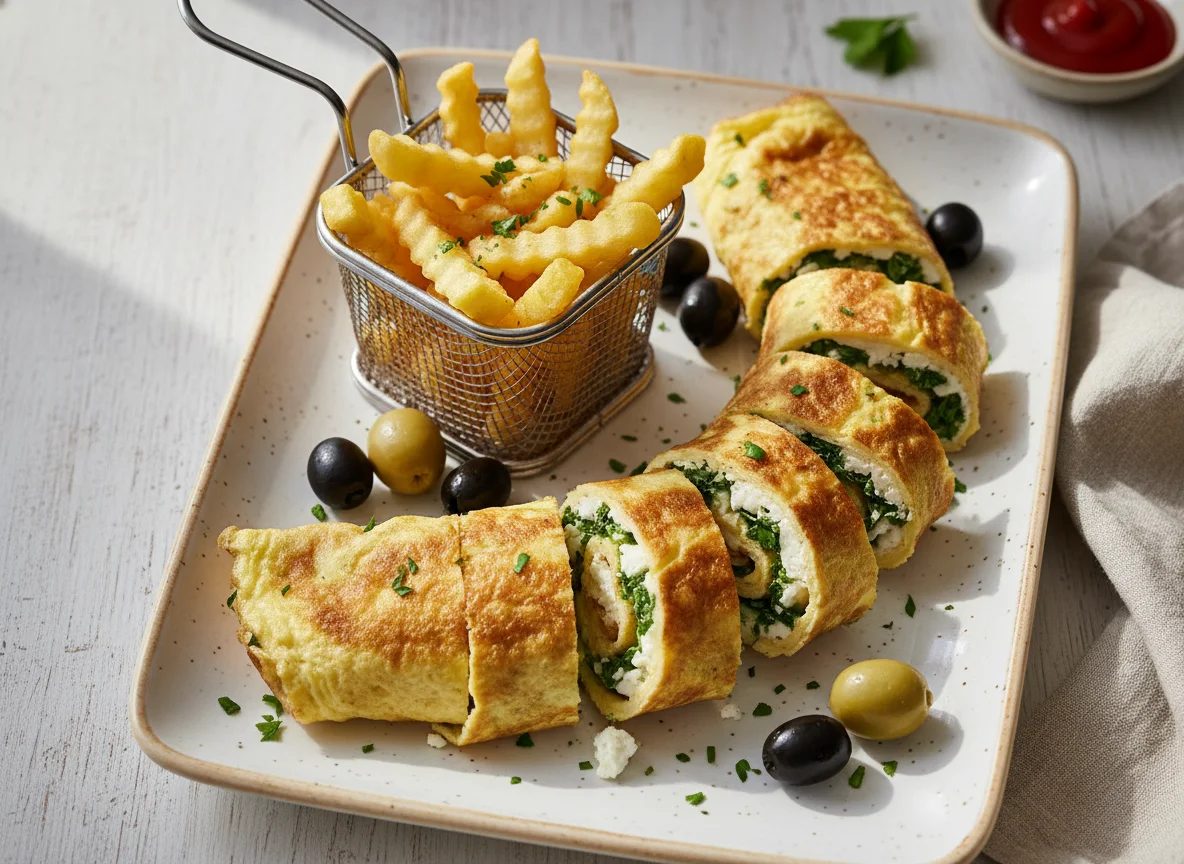 Omelette Roll with Fries and Olives photo