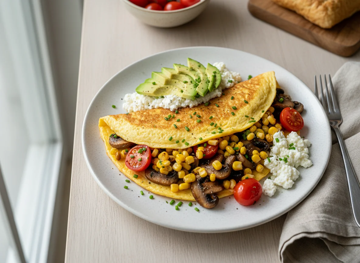 Omelette with avocado, corn, mushrooms, and tomatoes photo