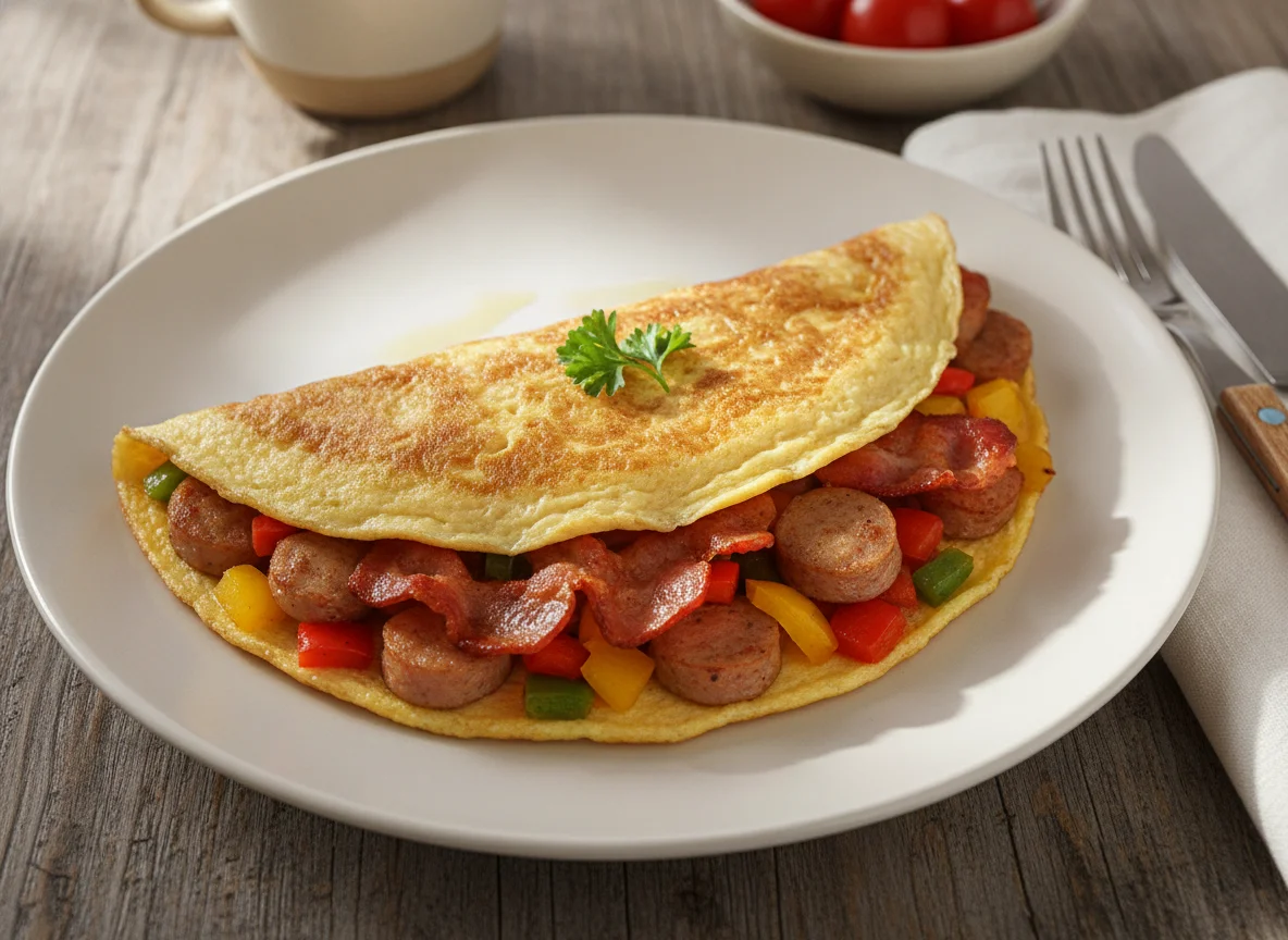 Omelette with bacon and sausage photo
