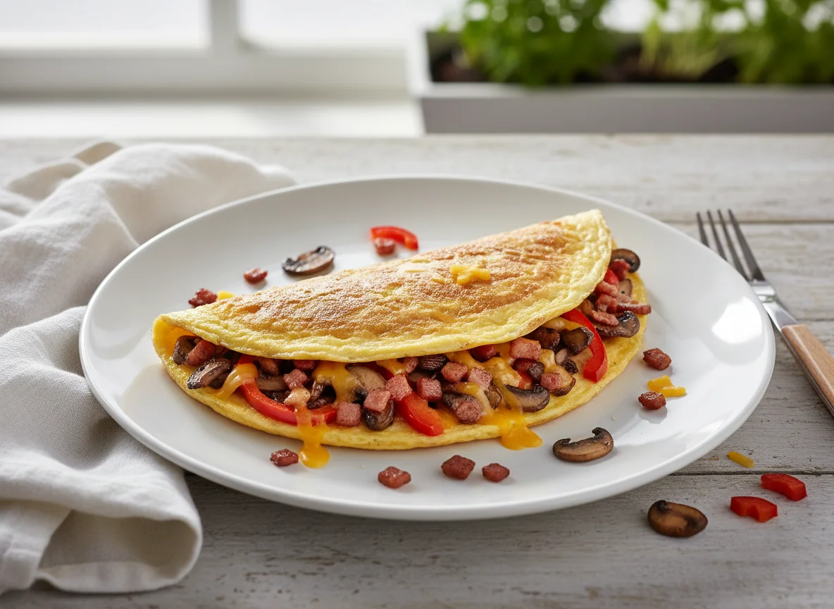 Omelette with bacon, mushrooms, and peppers photo