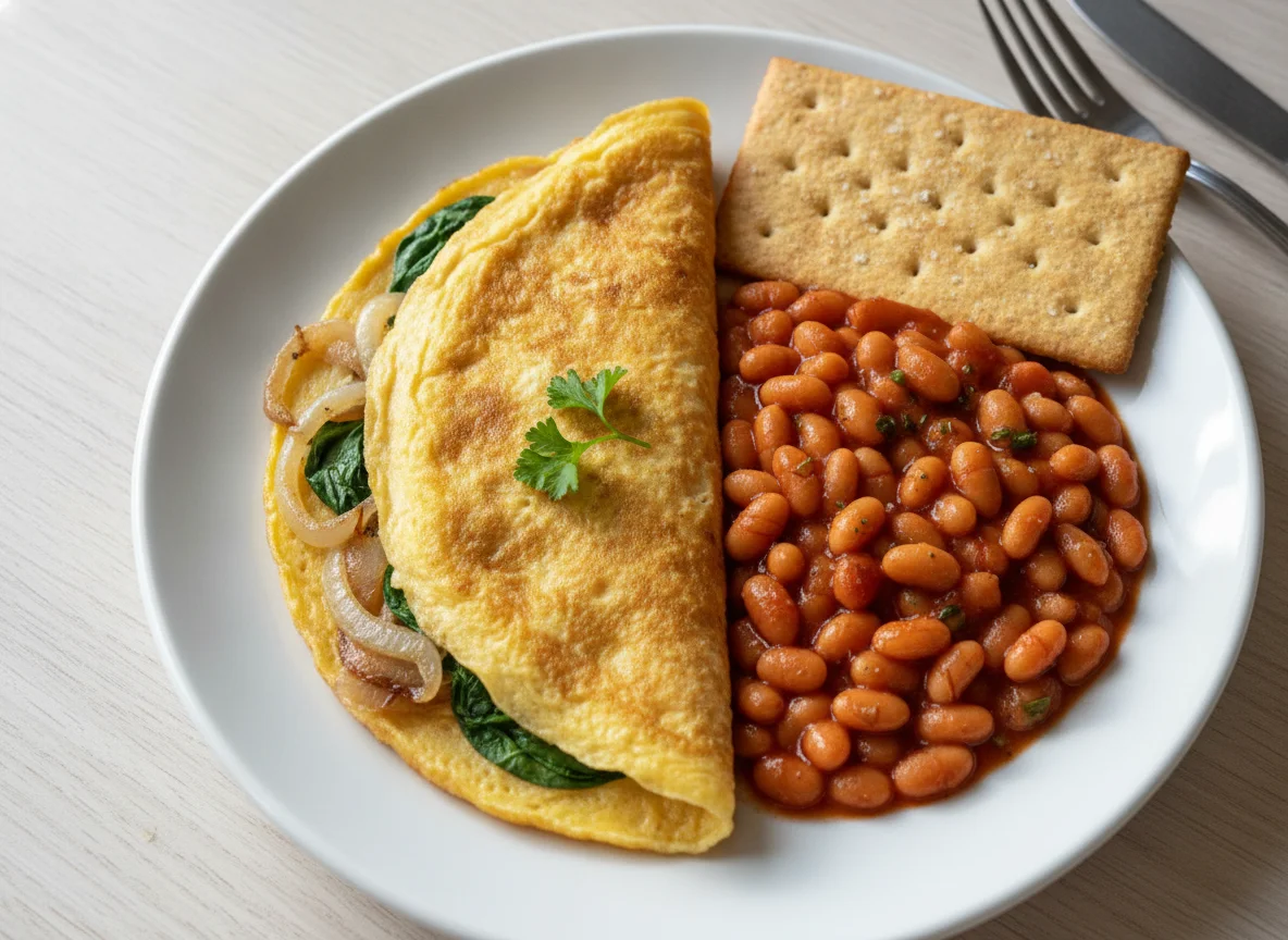 Omelette with Baked Beans and Cracker photo