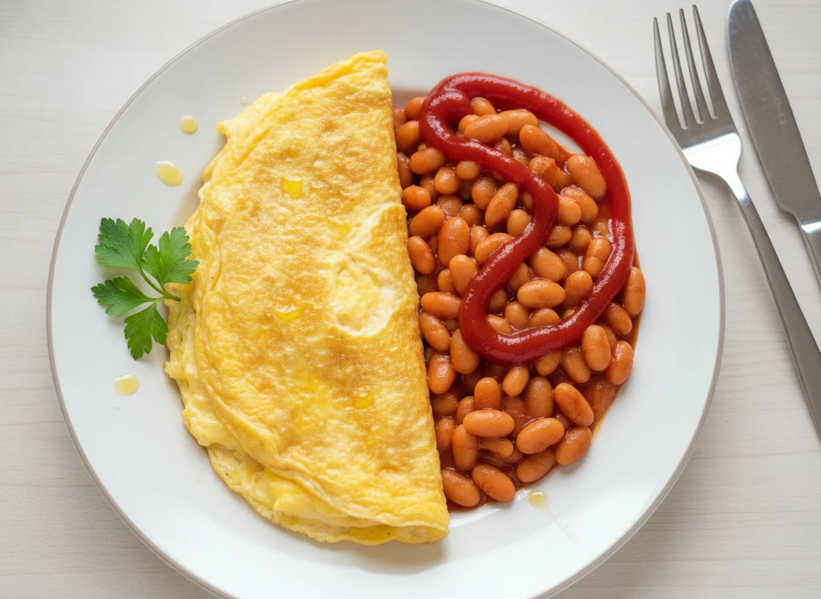 Omelette with Baked Beans and Ketchup photo