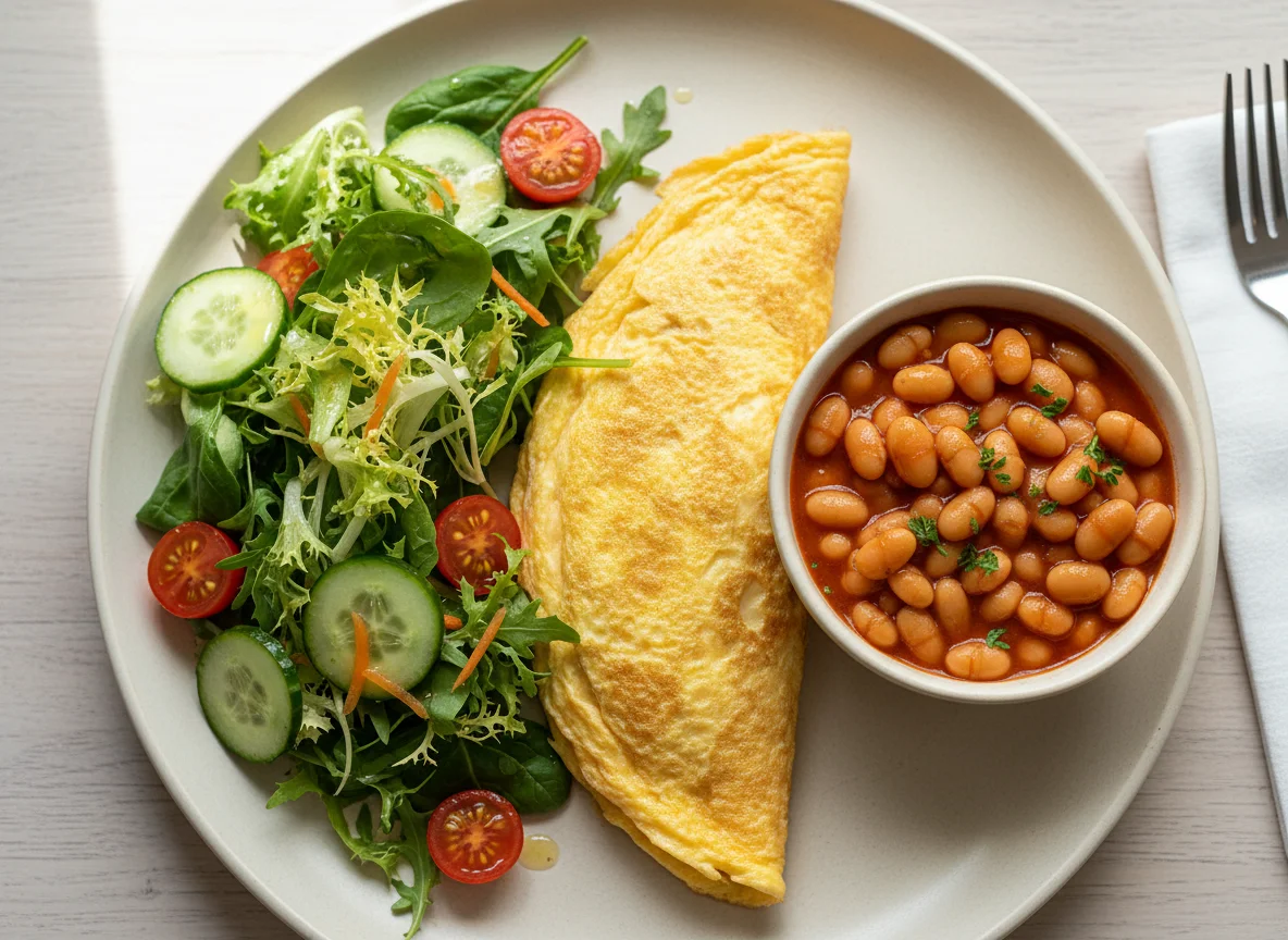 Omelette with Baked Beans and Side Salad photo