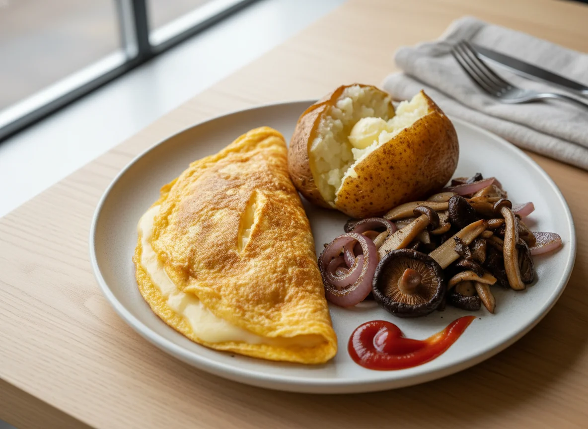 Omelette with Baked Potato and Sautéed Vegetables photo