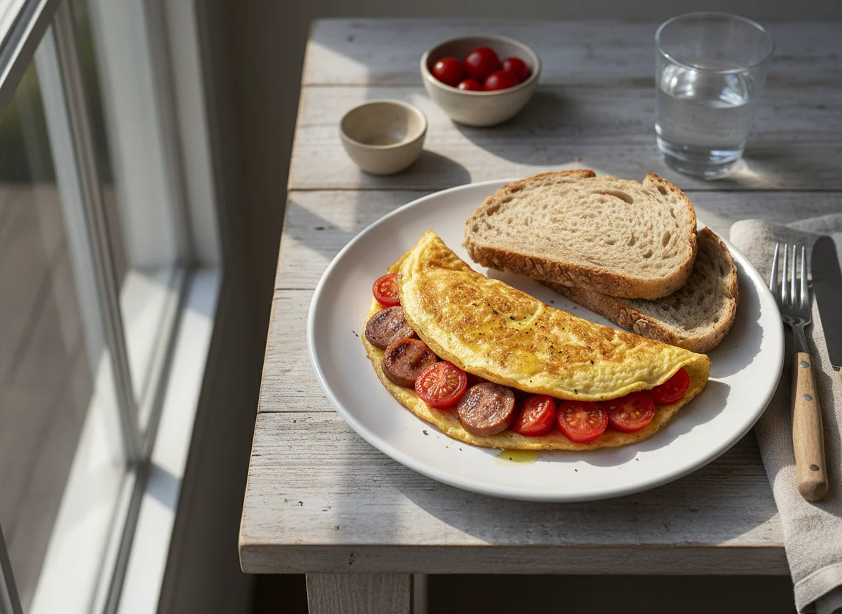 Omelette with cherry tomatoes and sausage, served with whole wheat bread photo