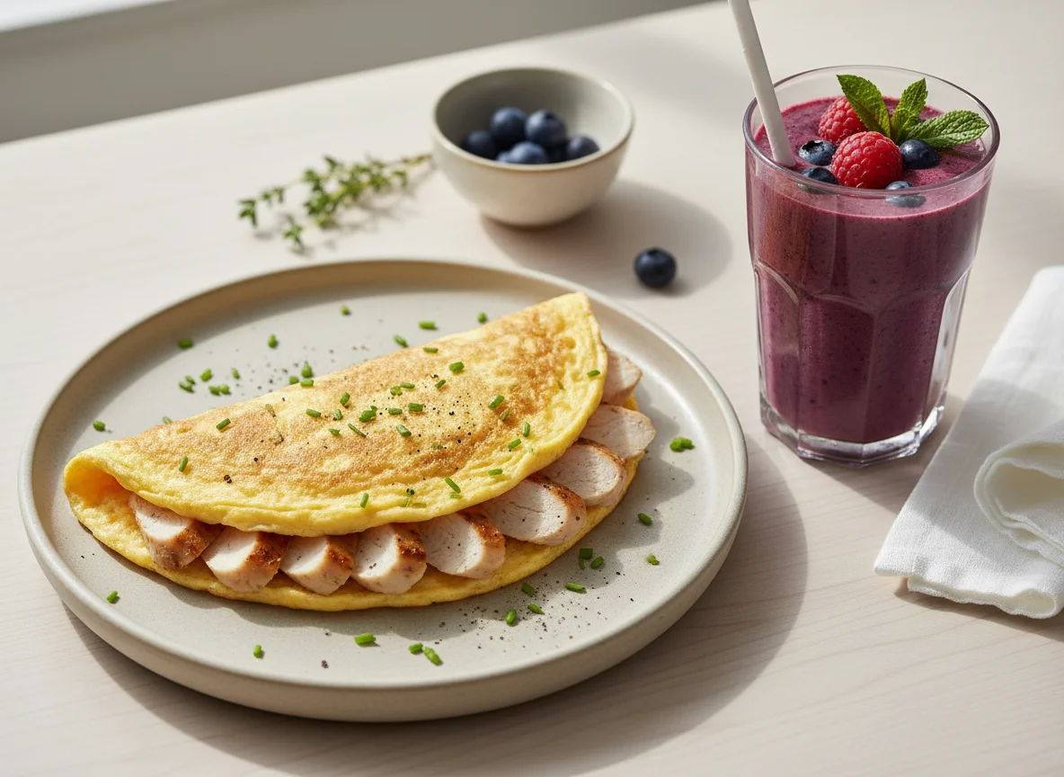 Omelette with Chicken and Berry Smoothie photo
