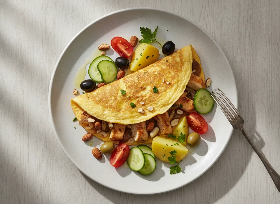 Omelette with chicken, nuts, and vegetables photo