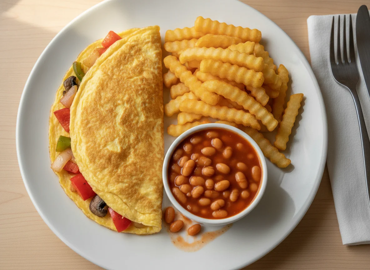 Omelette with chips and baked beans photo