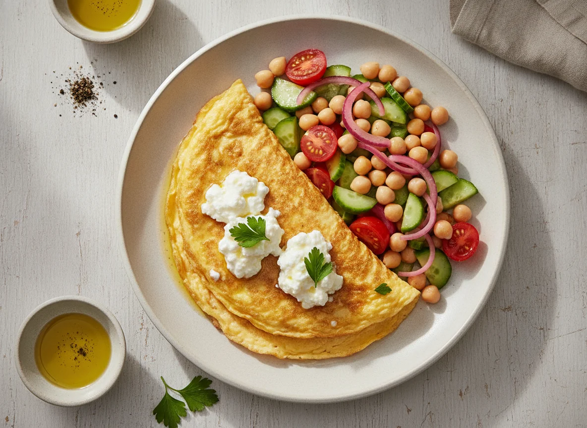 Omelette with cottage cheese and chickpea salad photo