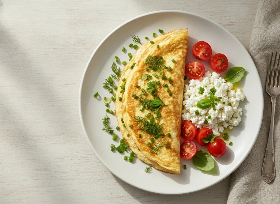 Omelette with cottage cheese and tomatoes photo