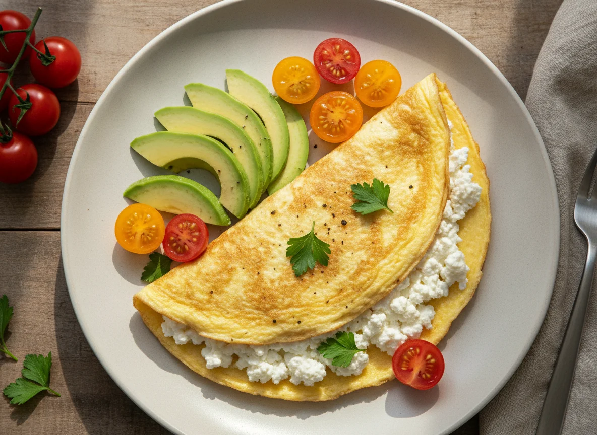 Omelette with cottage cheese, avocado and cherry tomatoes photo