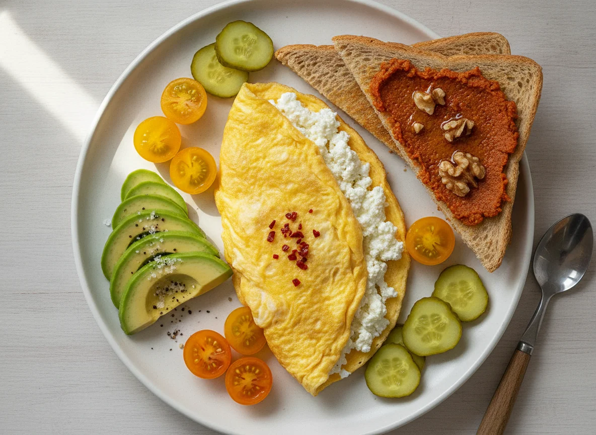 Omelette with cottage cheese, avocado, and toast photo