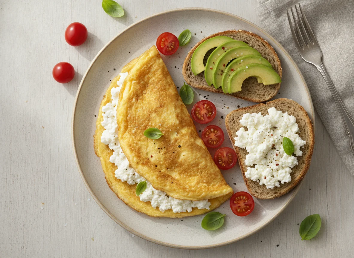 Omelette with cottage cheese, avocado, and whole wheat toast photo