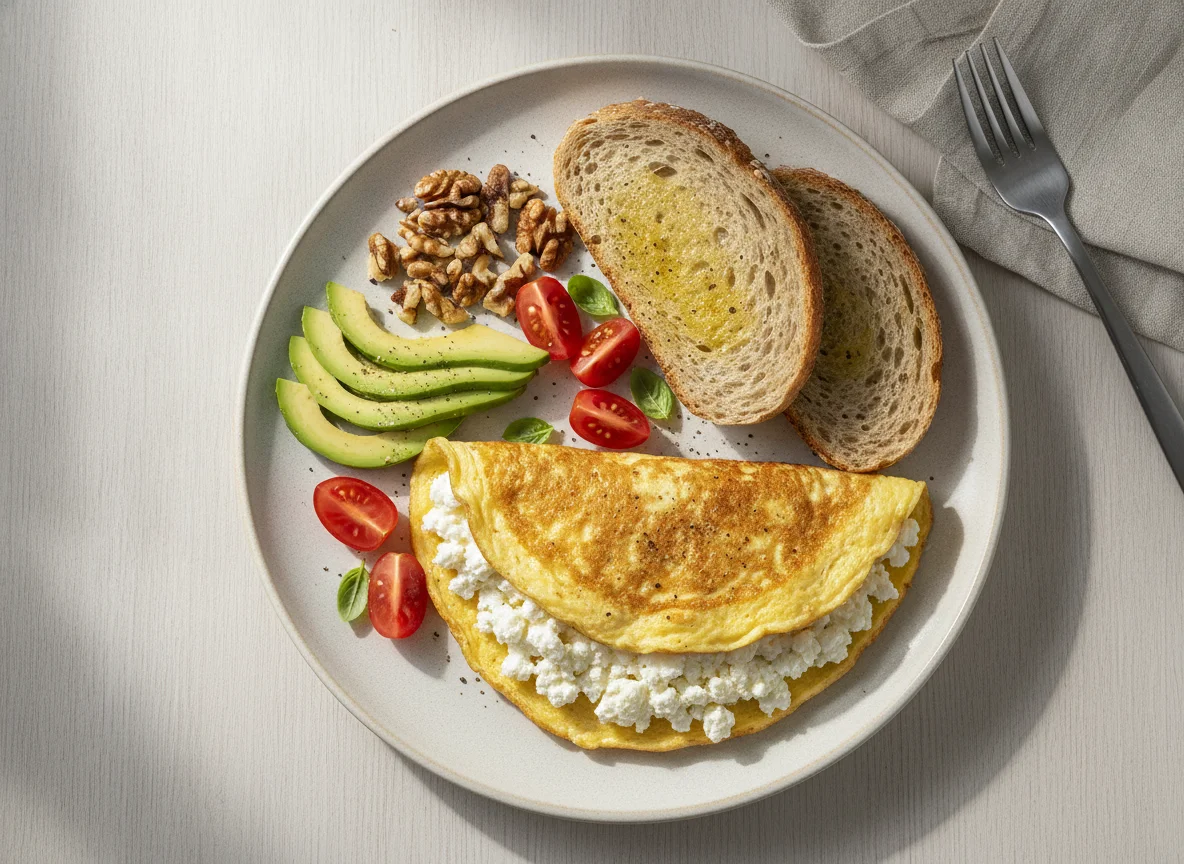 Omelette with cottage cheese, avocado, and whole wheat bread photo