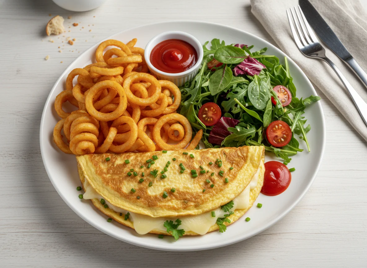 Omelette with curly fries and side salad photo