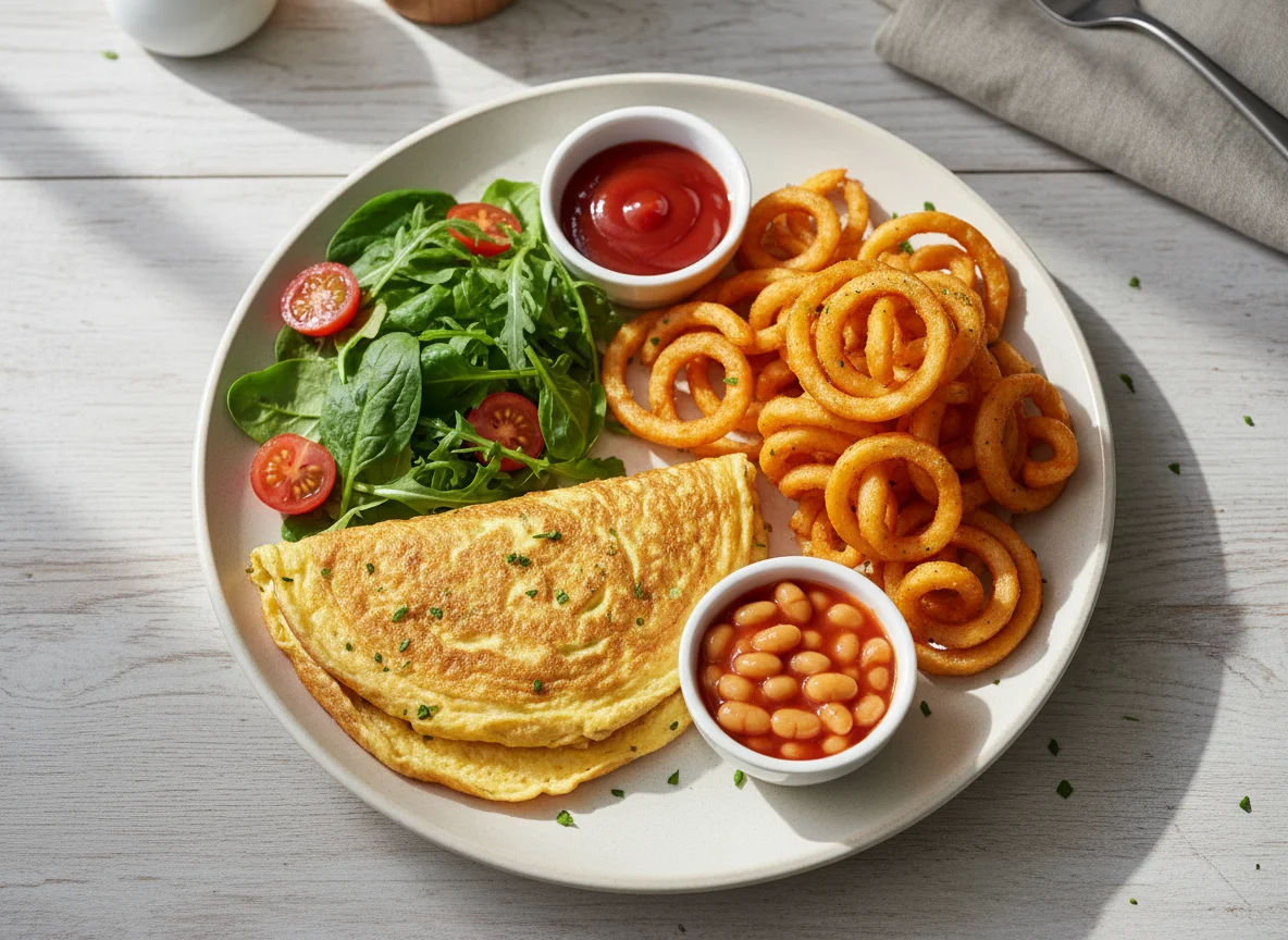 Omelette with curly fries, salad, ketchup and baked beans photo