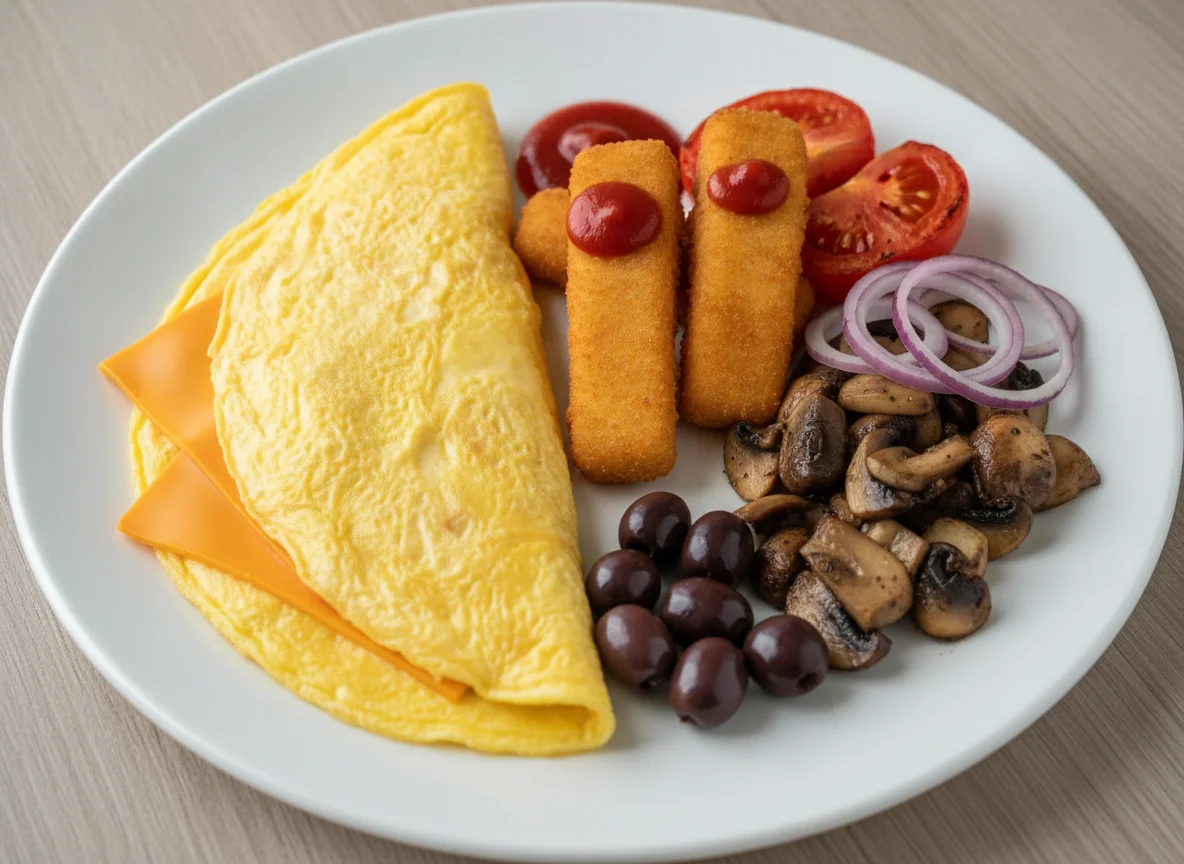 Omelette with Fish Fingers and Olives photo
