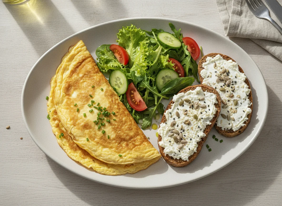 Omelette with fresh salad and cream cheese toast photo