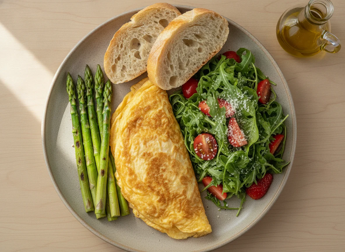 Omelette with grilled asparagus, salad, and baguette photo