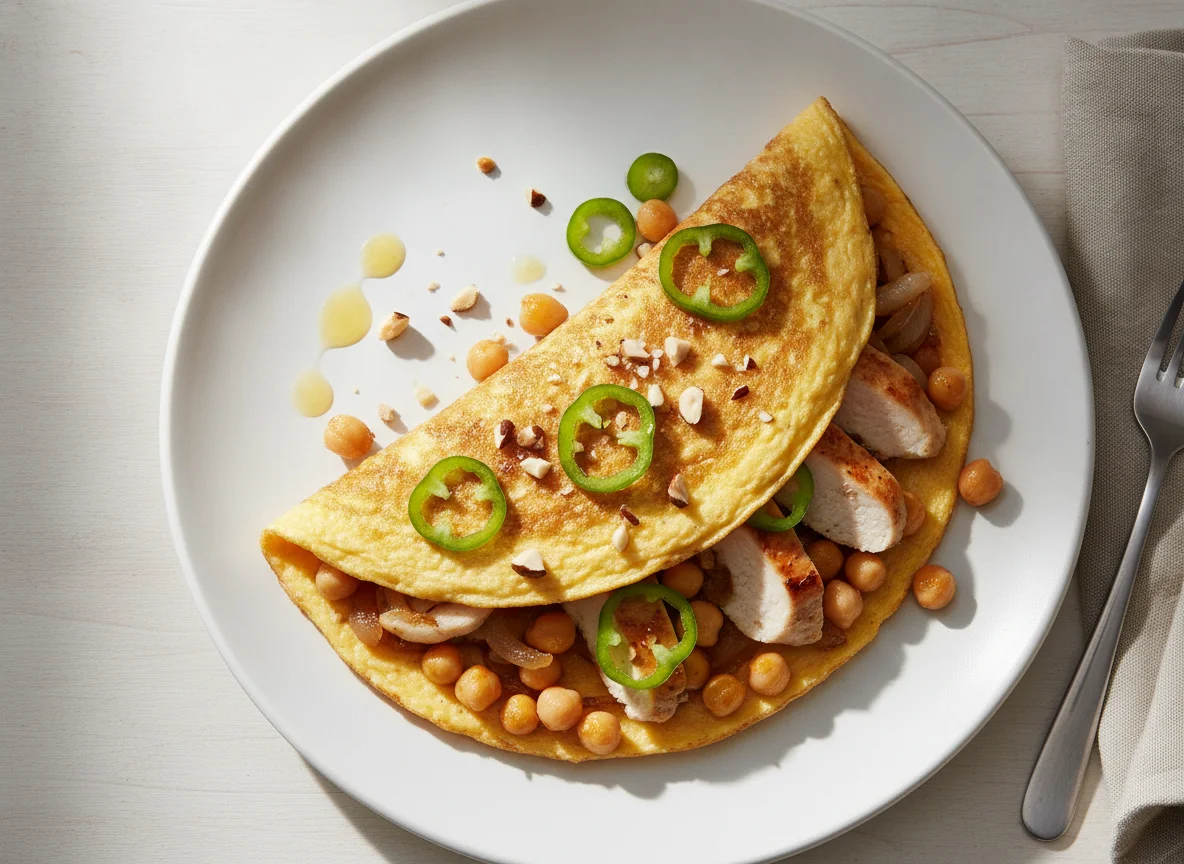 Omelette with grilled chicken, chickpeas and sautéed onions photo