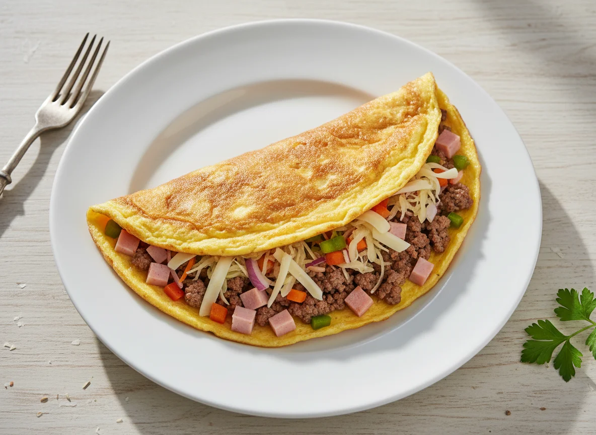 Omelette with Ground Beef, Turkey Ham, Cheese, Sauerkraut and Mixed Vegetables photo