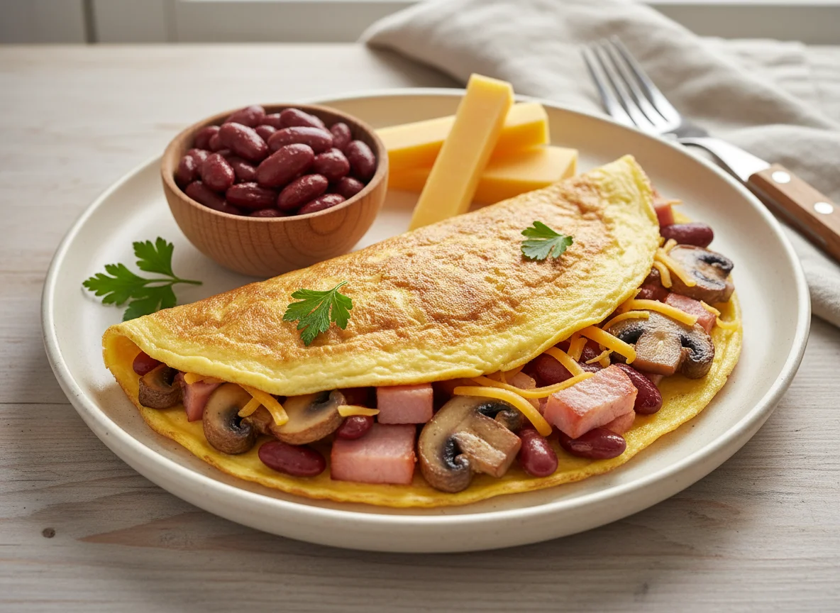 Omelette with Ham, Beans, Mushrooms, and Cheese photo