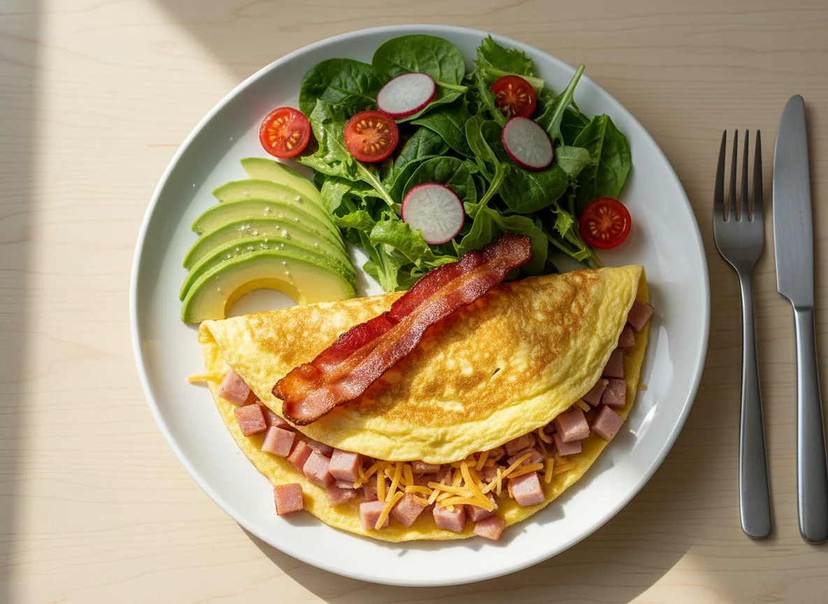 Omelette with Ham, Cheese, Bacon, Avocado, and Salad photo