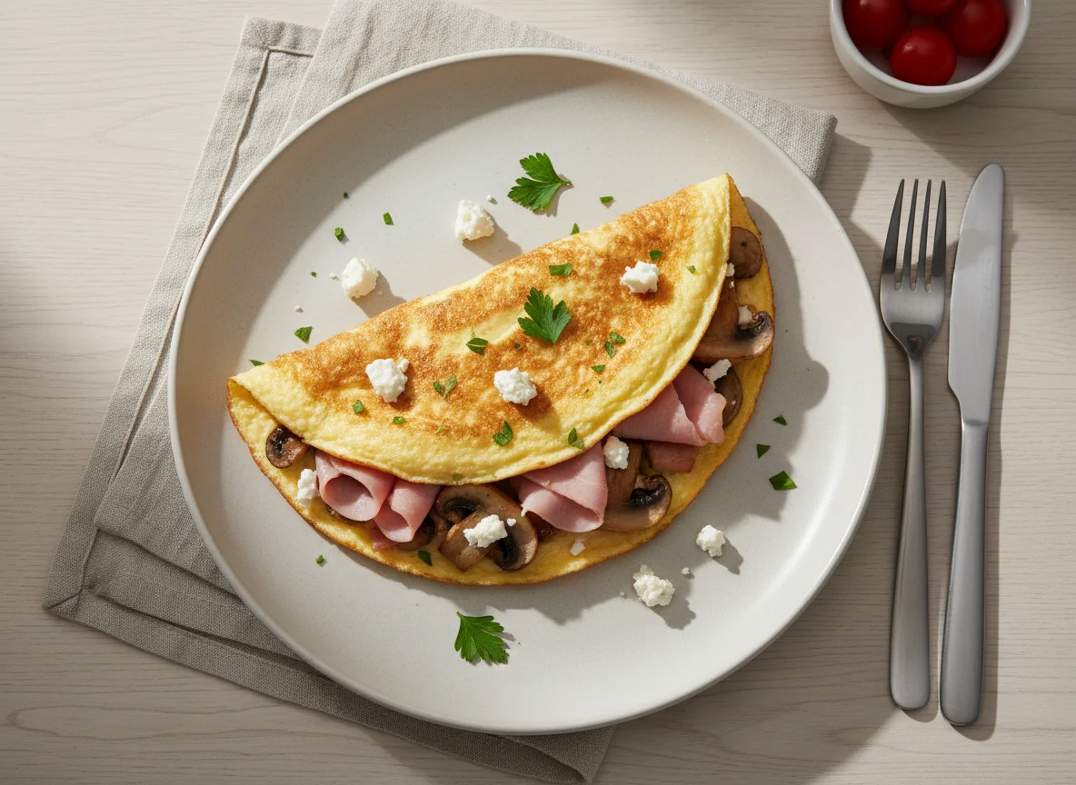 Omelette with Ham, Mushrooms, and Feta Cheese photo